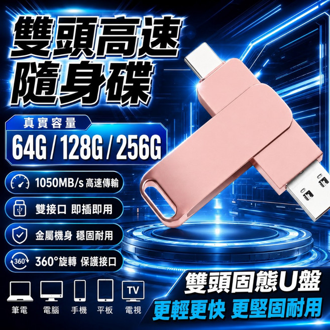 256G隨身碟 雙頭隨身碟 高速隨身碟 手機隨身碟 USB3.0 手機電腦兩用 大容量隨身碟 隨身硬碟 硬碟, 1個, 雙頭粉色 筆電手機USB-Typc-C,128GB足標容量, 128GB, 雙頭粉色