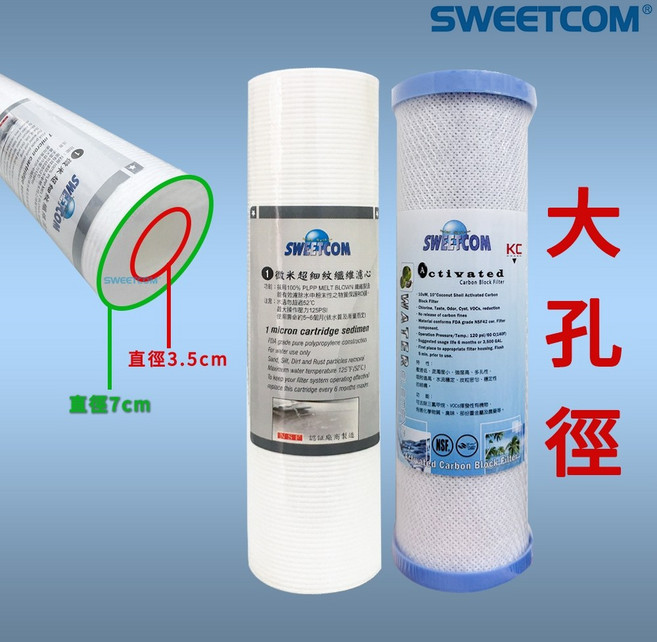 思維康SWEETCOM 10吋 1微米PP濾心 活性碳大孔徑濾心 泥沙鐵鏽除氯 1U CTO, 1個, 1微米PP大孔徑