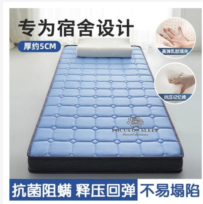 乳膠記憶海綿床墊 加厚10cm不易塌陷 學生宿舍單人雙人適用 玫瑰藍色100x200cm A類面料舒適支撐