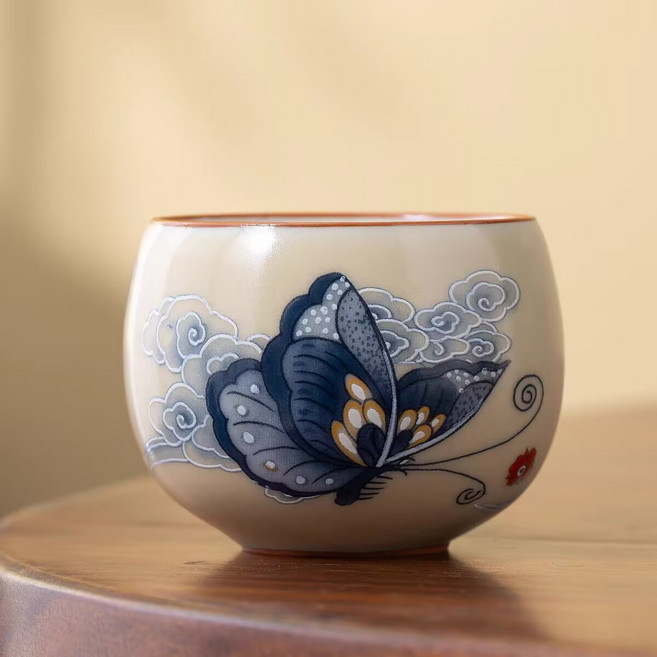 高檔汝窯高腳陶瓷茶杯 功夫茶具品茗杯禮盒組, 1個, 蝶戀花-不倒杯60ml:如圖所示
