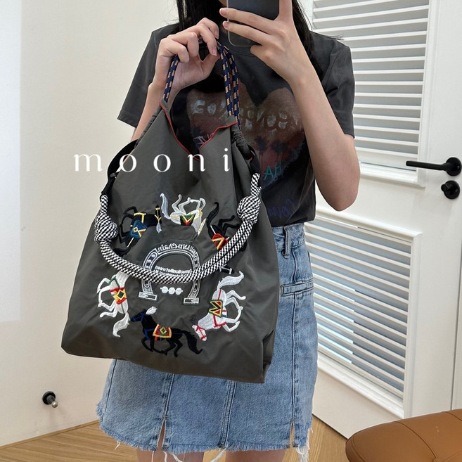 ballchain 環保購物袋 大容量 刺繡包 尼龍帆布 斜挎包, 灰色·万里马【不含肩帶】,中號