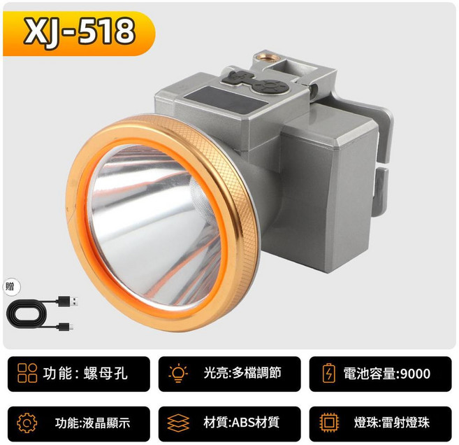 XJ-503 LED 頭燈 鐳射燈珠 可充電 作業燈, XJ - 518 鐳射雙節21700鋰電9000毫安 續航18 - 24小時, 1個