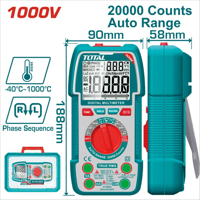 TOTAL 自動量程萬用電錶 1000V 20000 Counts, 1個