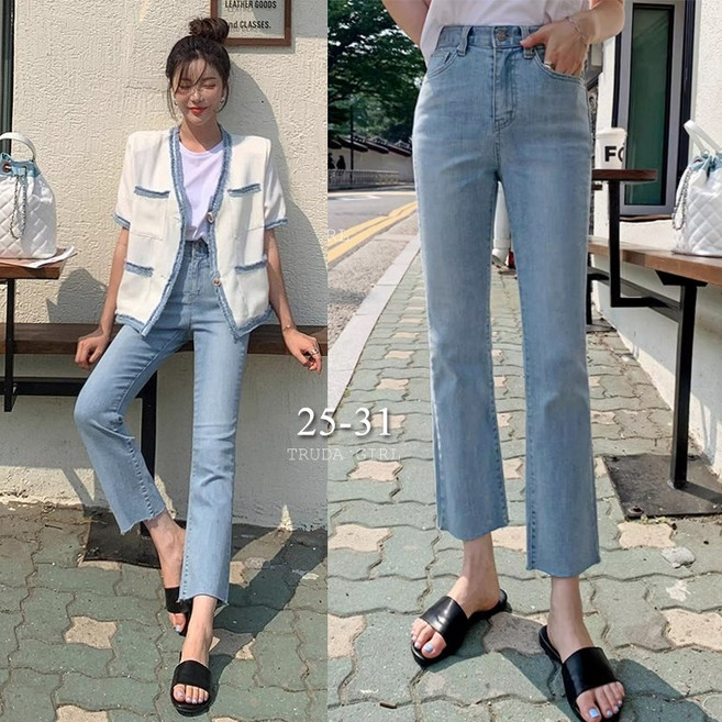 《杜達女孩》韓風淺藍牛仔九分褲 質感簡約系牛仔褲 窄管直筒