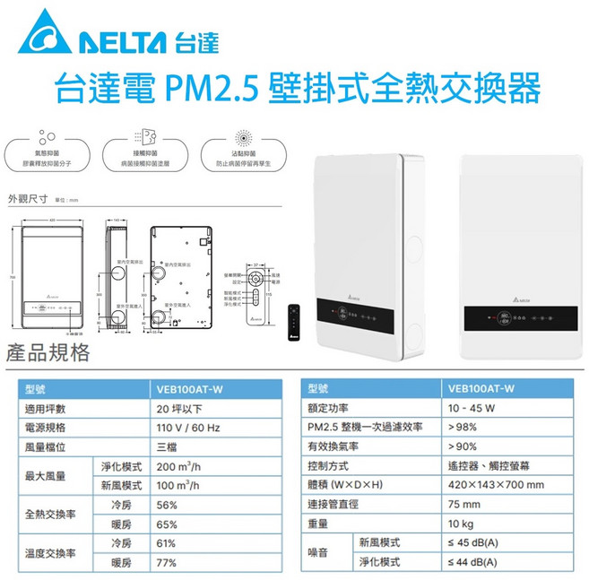 台達電 PM2.5 壁掛式全熱交換器 VEB100AT-W