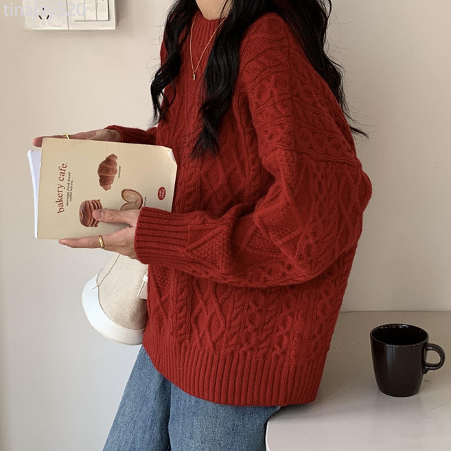 新年紅色麻花毛衣女2025秋冬新款復古慵懶風圓領套頭針織衫