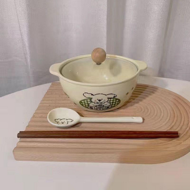 奶油小狗陶瓷泡麵碗組 附勺筷, 1個, 奶油小狗,陶瓷勺子