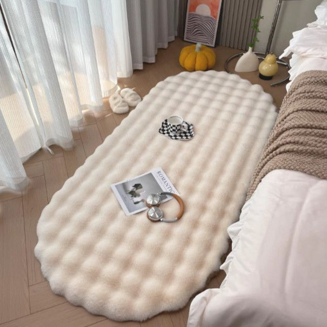 奶油風兔毛絨加厚橢圓形地毯 臥室床邊墊 泡泡絨飄窗茶几沙發墊, 1個, 米白色-1430克/橢圓60*90cm加密加厚
