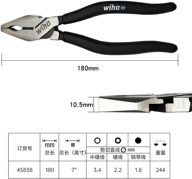德國Wiha 7吋老虎鉗 剪切省力 防滑手柄, 1個