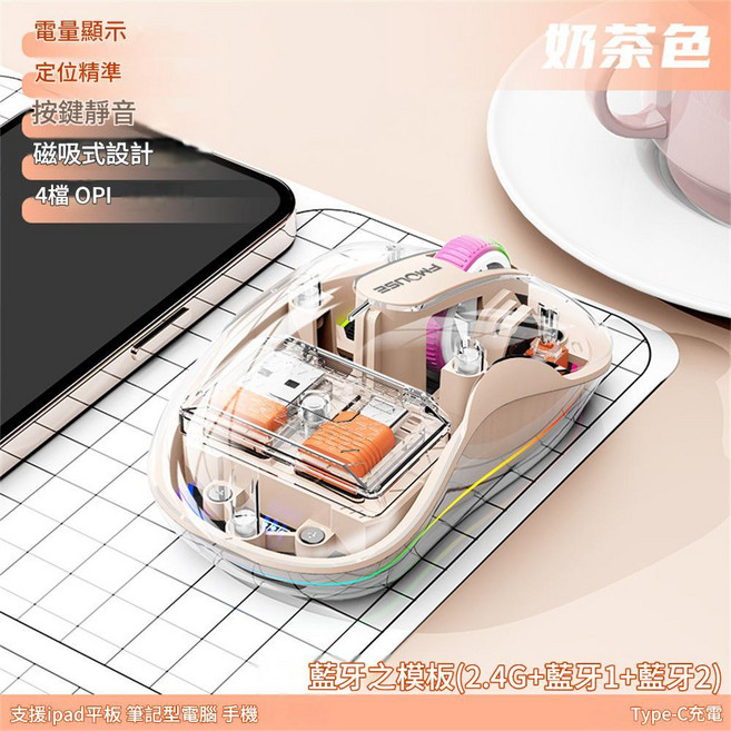 M333 三模無線藍牙透明滑鼠 支援多設備連接, 奶茶粉 USB Type - C 雙接收器, 如圖