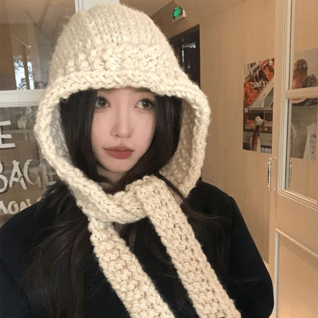 秋冬季手工針織巴拉克拉法帽女 韓版簡約防寒保暖毛線帽