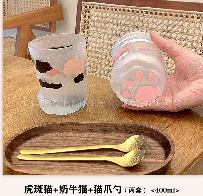 卡通漱口杯 可愛貓爪杯 磨砂玻璃杯 水杯 帶勺子, 磨砂粉色+磨砂黑色+貓爪攪拌,可愛貓爪杯400ML, 1個