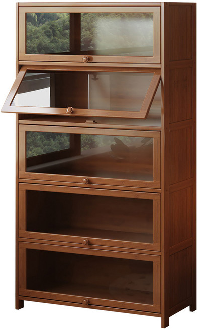 多功能竹製展示櫃 書架 六層 透明門 80*33*170cm, 六層80寬 茶色 透明防塵, 1個
