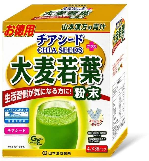 山本漢方 日本大麥若葉粉末+奇亞籽 綠色飲品 36包, 4g, 36個