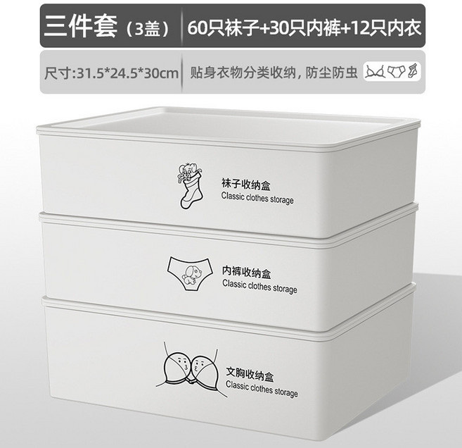 抽屜式內衣襪子收納盒 三件套 貼身衣物分類整理, 月光白, 內褲盒【十格】, 1個