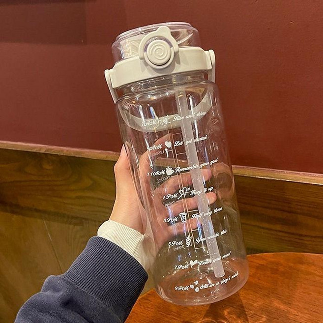 2000ml 透明直飲水壺 運動刻度便攜塑膠水杯水壺 2000ml 直飲水壺 透明水壺 雙飲大容量水杯運動刻度塑膠杯子耐高溫便攜, 白色, 1個