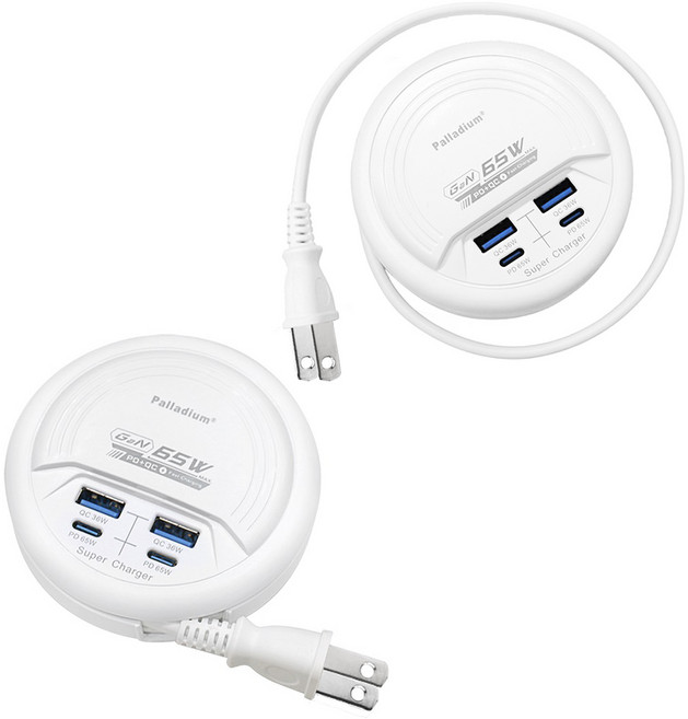 Palladium 65W 氮化鎵GaN高速閃充 四孔延長線充電器 PD+QC 轉盤收線, 白色, 1個, 47cm