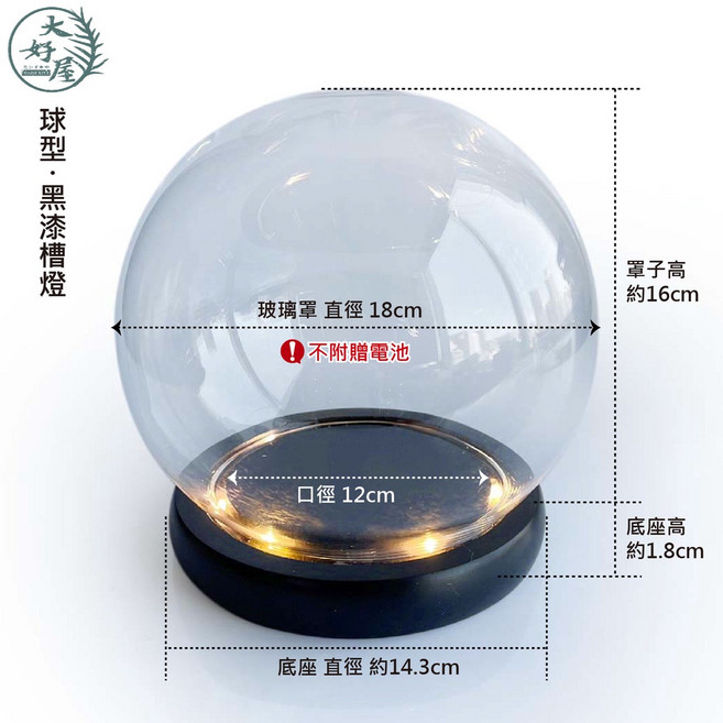 大好屋 隔日配 玻璃罩 永生花乾燥花 商品展示罩, 球款直徑18cm, 黑漆槽燈
