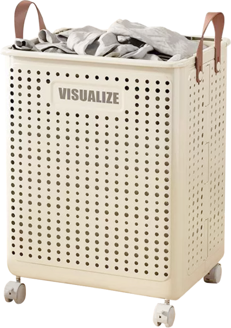 VISUALIZE可折疊帶輪洗衣籃 大容量髒衣籃 萬向滑輪設計 節省空間洗衣收納籃, 奶油色大號