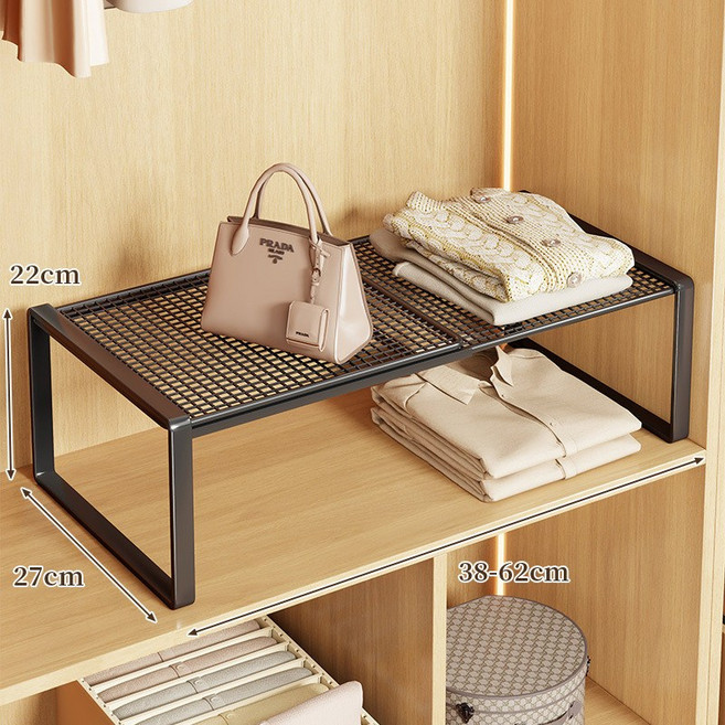 可伸縮衣櫃分層隔板 衣櫥收納置物架, 黑色長38-62CM 寬27CM 單層, 1個