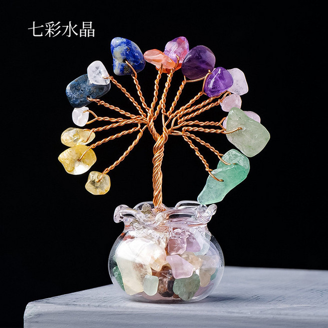 天然黃水晶發財樹擺件 招財小飾品 辦公室桌面家居裝飾, 七彩水晶