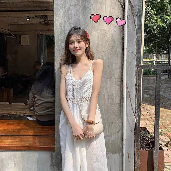 白色連衣裙女夏中長款V領甜美可愛學生吊帶裙子 外搭 日系連衣裙, 白色,均碼(42.5-65.0公斤), 白色