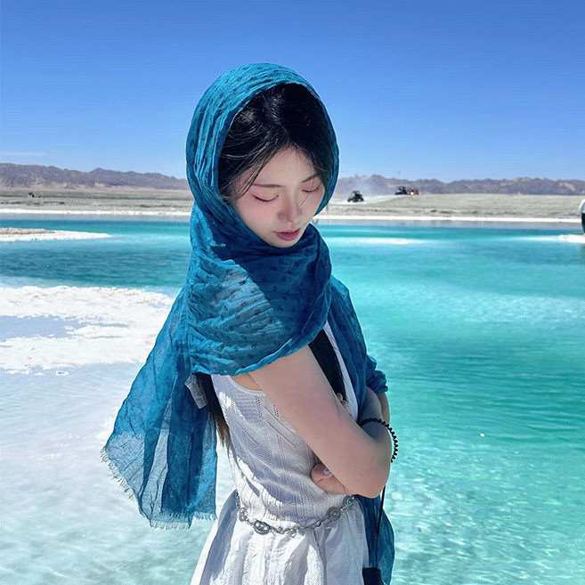 藍色棉麻圍巾 女 文藝民族風披肩
