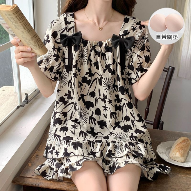 帶胸墊睡衣女款夏天短袖薄款套裝家居服, 201-黑玫瑰【固定胸墊】, M【建議80-100斤】