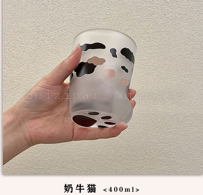 卡通漱口杯 可愛貓爪杯 磨砂玻璃杯 水杯 帶勺子, 磨砂黑色,可愛貓爪杯400ML, 1個