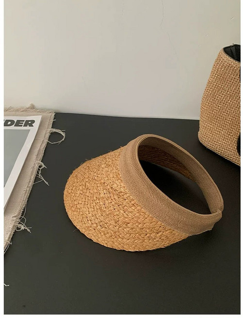 日式粗拉菲草髮箍式空頂帽 夏季彩色防曬