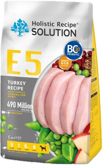 Holistic Recipe SOLUTION 耐吉斯 成犬配方無穀乾飼料, 2.04kg, 1袋, E5 好蛋白火雞餐