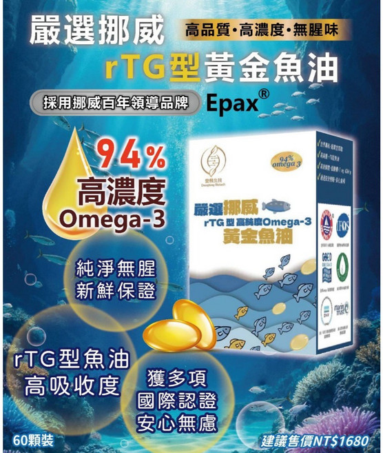 嚴選挪威rTG型黃金魚油 94%高濃度Omega-3 60粒, 1個