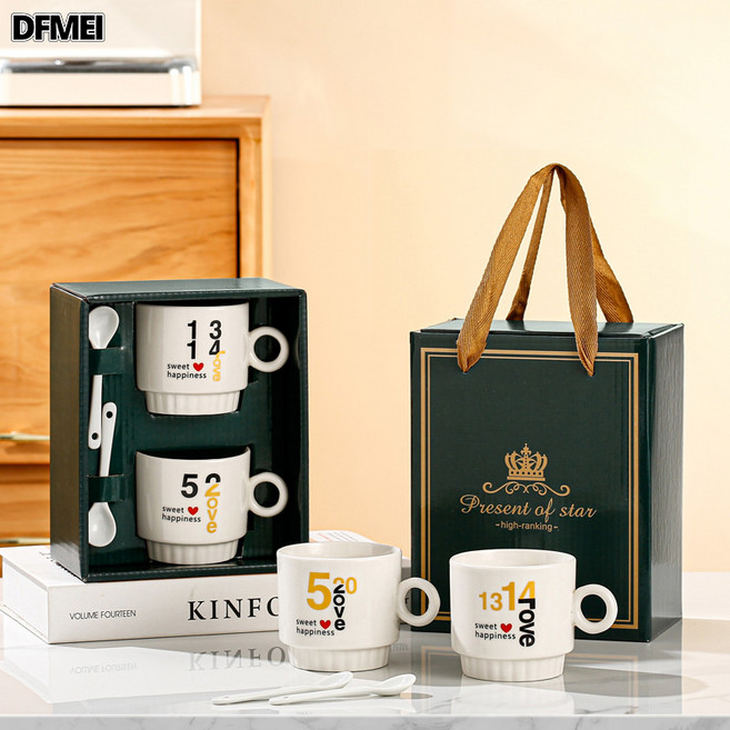 DFMEI 創意伴手禮陶瓷杯結婚情侶對杯禮盒馬克杯印字節日開業禮品咖啡杯, 1個, 綠盒數字對杯:陶瓷杯*2+陶瓷勺*2+禮盒*1