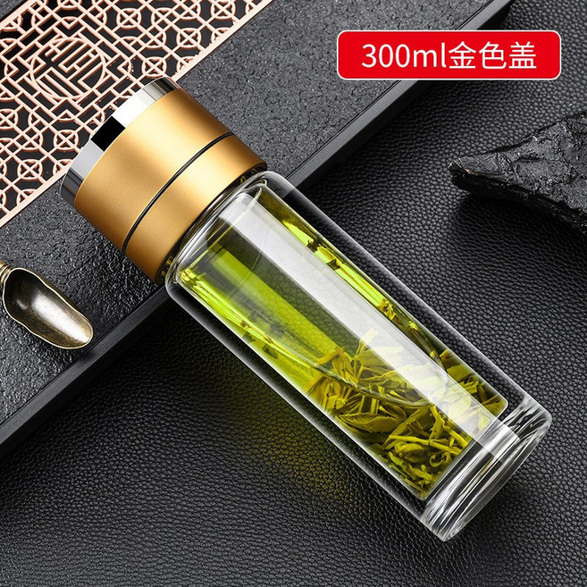 高硼硅玻璃茶水分離杯 雙層商務泡茶杯, 金色, 1個, 300ml