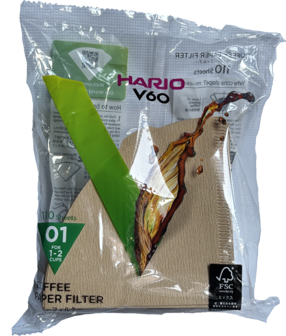 HARIO 01 濾紙 1-2人用 V60 原色無漂白 手沖咖啡濾紙, 110個, 10套