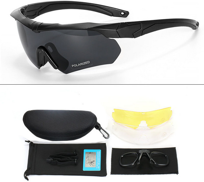 戰術防護眼鏡 UV400防護 耐磨耐衝擊, 黑框偏光套裝, 1個