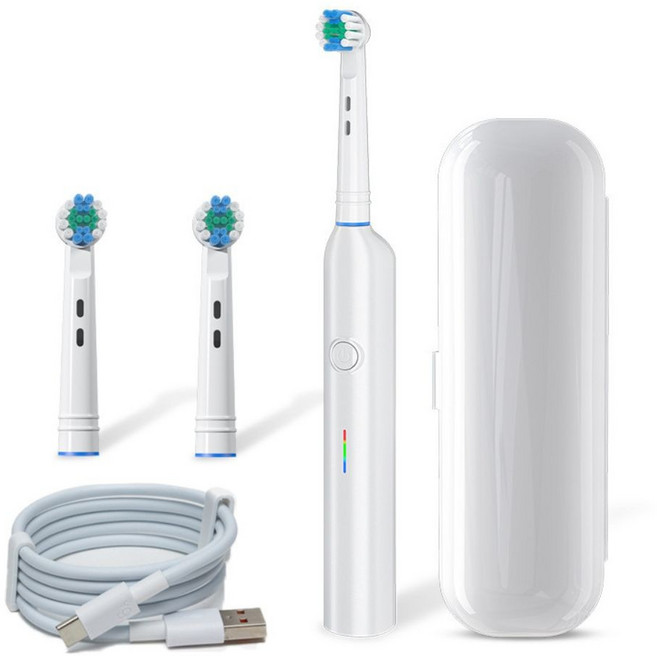 旋轉式電動牙刷 充電式 IPX7防水 Type-C充電 附旅行收納盒 替換刷頭, 白色, 1個