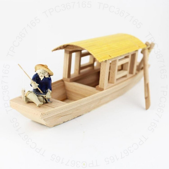 小木船模型 木製小船 一帆風順漁船 家居裝飾工藝品, 小排車27*9*8CM