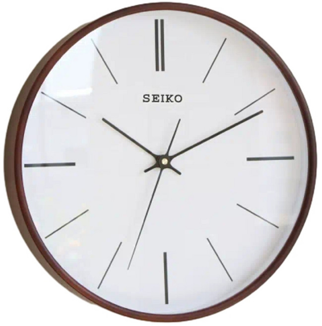 SEIKO 實木靜音電波掛鐘,自動對時簡約木質壁掛鐘, 12英寸 直徑30釐米 胡桃色白麵 進口日本精工機芯