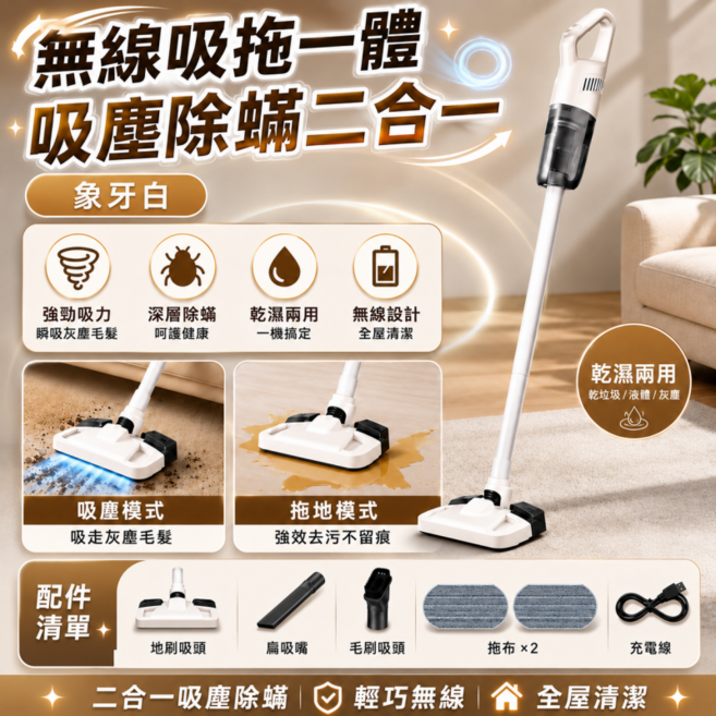 可拖可吸 新款德國無線吸塵器 吸拖一體 無線吸塵器 手持拖地機 塵螨吸塵器, 頂配款象牙白, 吸拖一體+升級水箱帕大吸力【贈拖布*2】