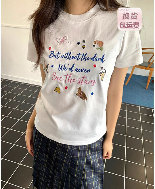 白色短袖T恤 字母動物刺繡, 白色【純棉 刺繡】,m