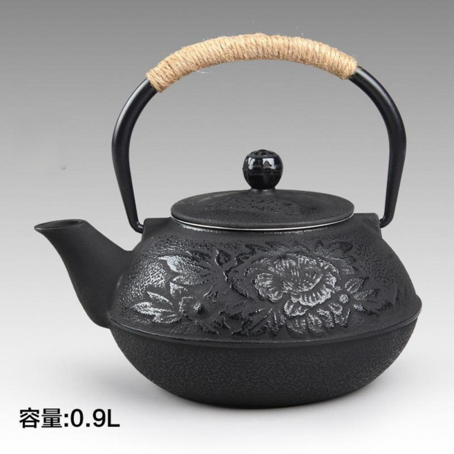 瑞壽堂 日式鑄鐵茶壺 0.9L 黑色小丁, 0.9L黑色牡丹, 1套, 900ml