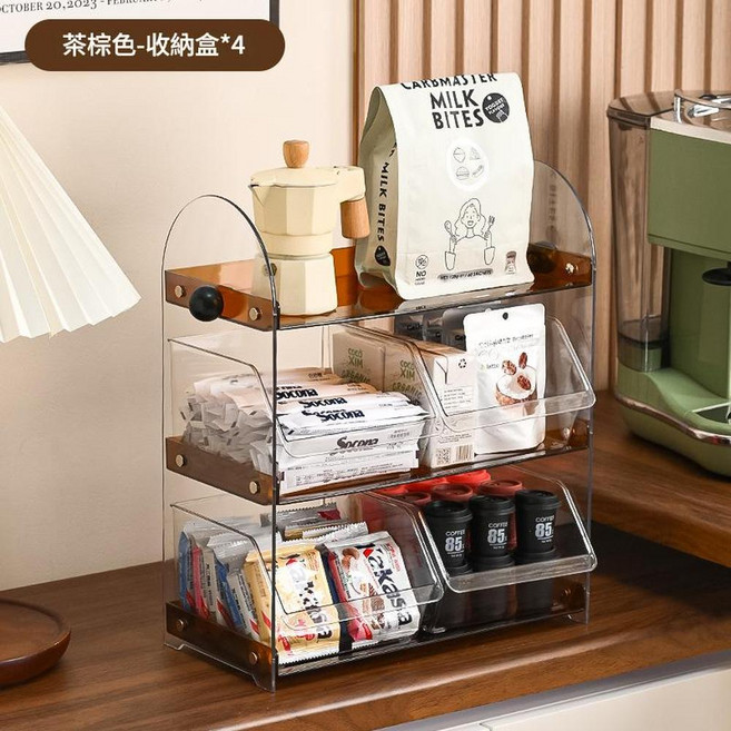 奶油色 抽屜式化妝品收納盒 防塵透明桌面收納櫃, 復古棕4抽屜加寬底座, 1個