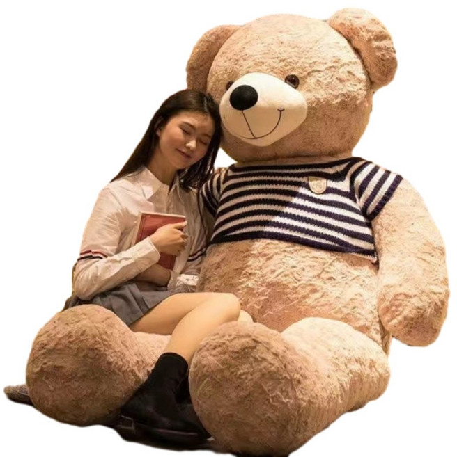 ADSA 超大泰迪熊毛絨玩具, 玫瑰熊淺棕色 藍白條紋, 1個, 80cm