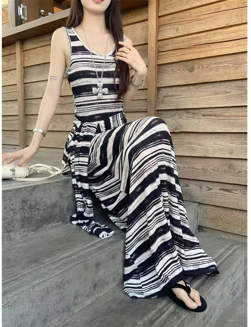 梨卡 女裝黑白條紋綁帶收腰長裙 夏季新款洋裝 GA820, 如圖色