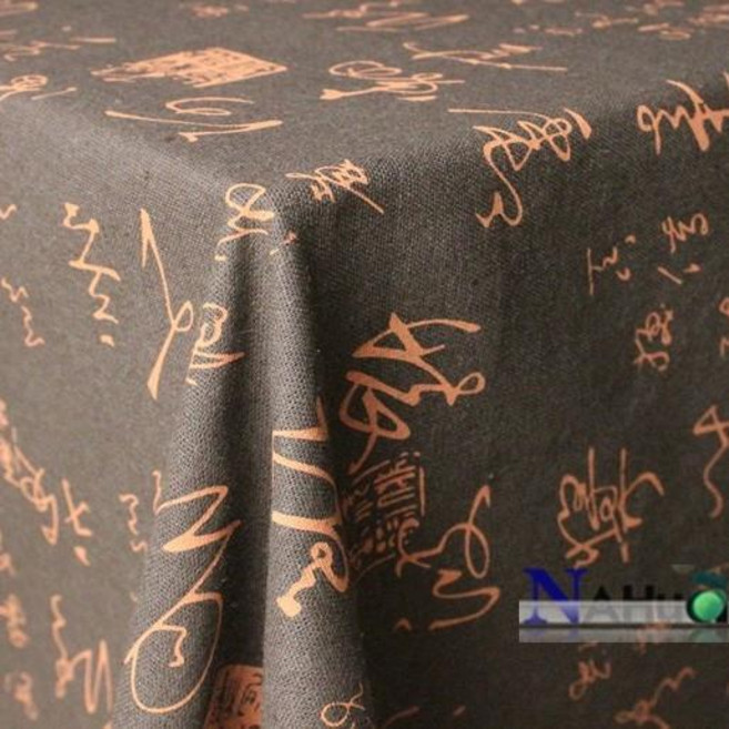 桌布 棉麻書法桌布 包邊中國風復古民族風書桌蓋布新中式古風, 咖啡色書法 包邊桌布,140cm寬*200cm長 包邊, 1個