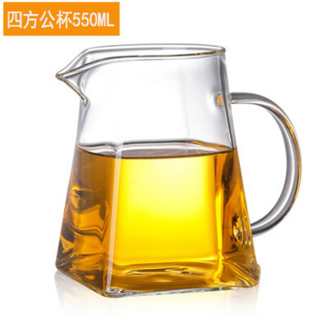加厚耐熱玻璃公道杯/分茶器/茶海 木把小容量茶水分離泡茶器, 1個, 方型-550ml