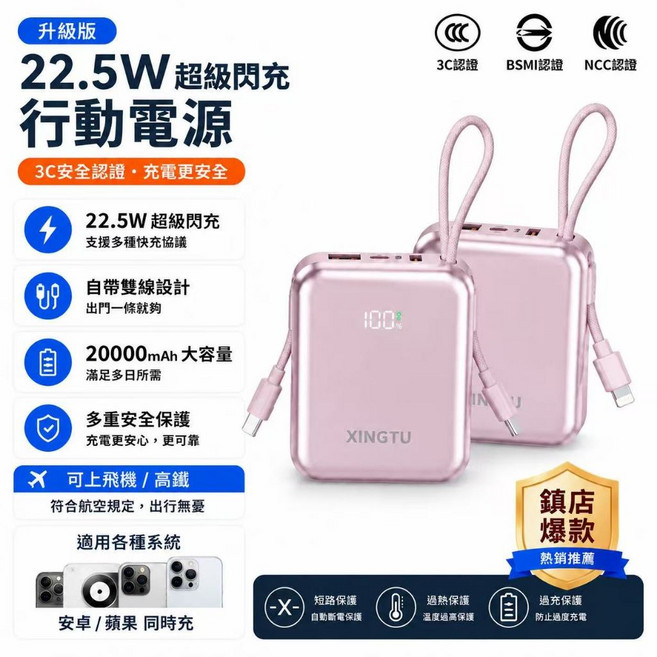防爆電芯 固態防爆電池【可上飛機 3CCC認證 74wh標識】當天寄出 兩年保固 20000mAh 固態行動電源 PD快充 自帶雙線 高清數顯 大容量行動充, 櫻花粉, N/A