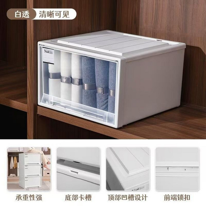 抽屜式收納盒家用衣物儲物箱內衣鞋子整理箱多功能塑料透明收納箱, 1個, 白透抽屜盒