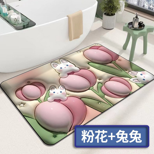 珪藻土地墊 軟式吸水腳踏墊, 1個, 兔子花